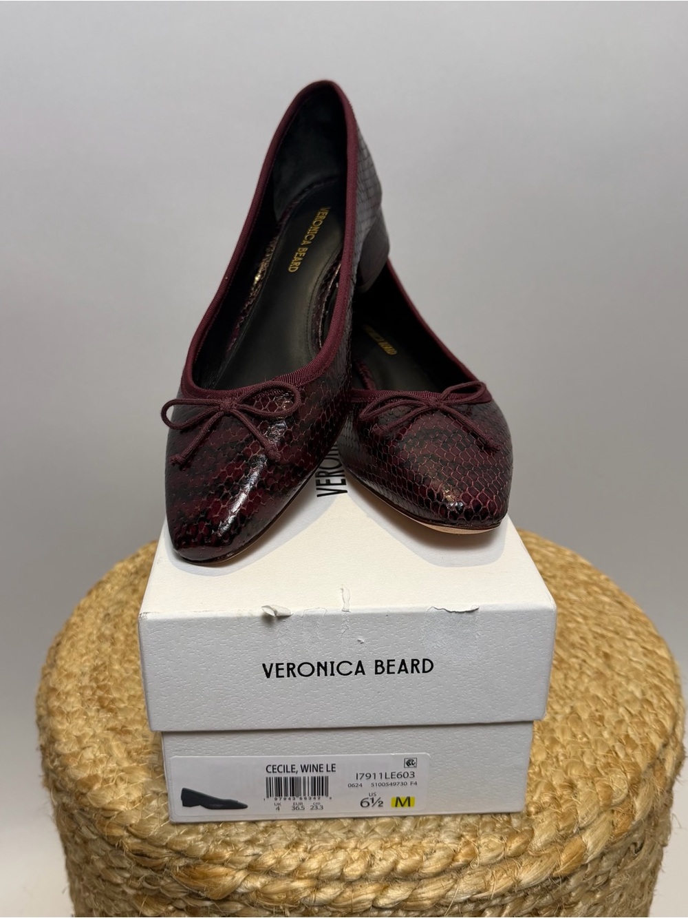 Veronica Beard Burgundy Snake-Embossed Leather Ballet Flats